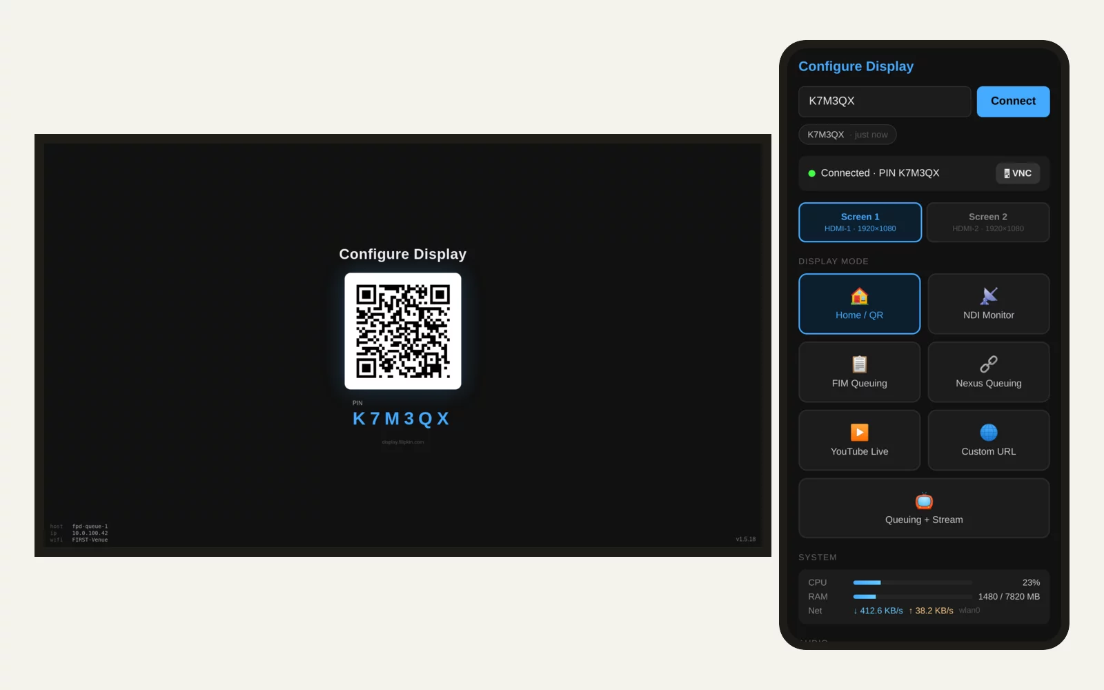 Projector display: the TV's QR screen and the phone controller