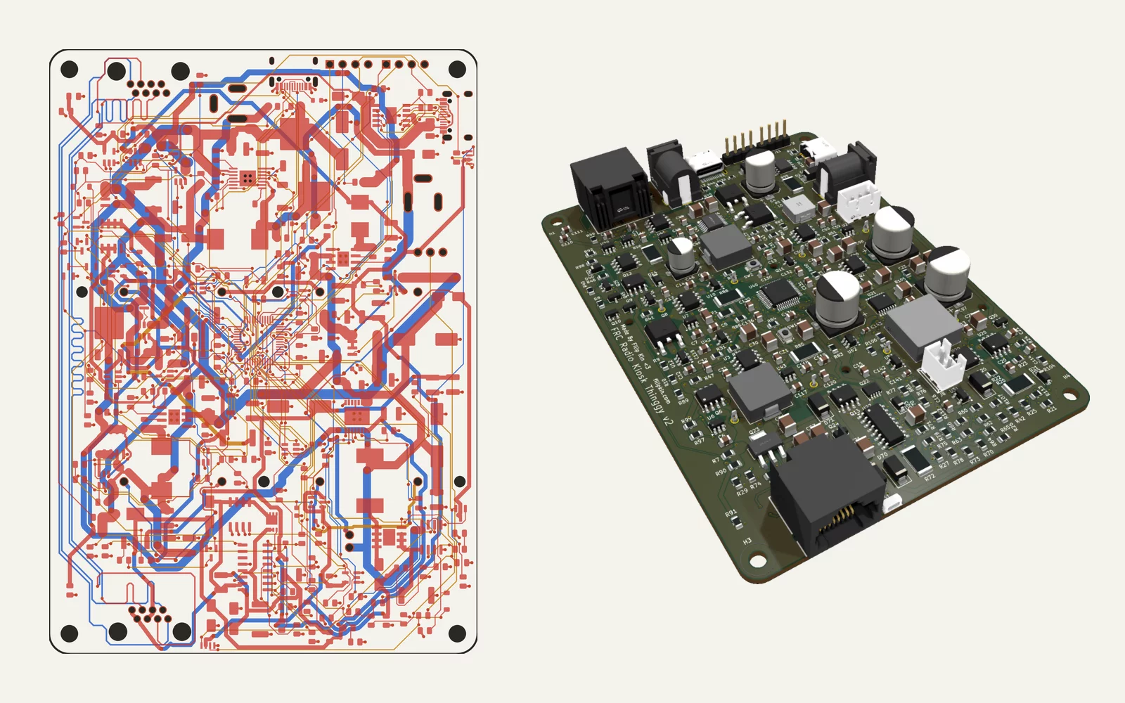 Radio kiosk v2d: all copper layers, and a 3D render of the board